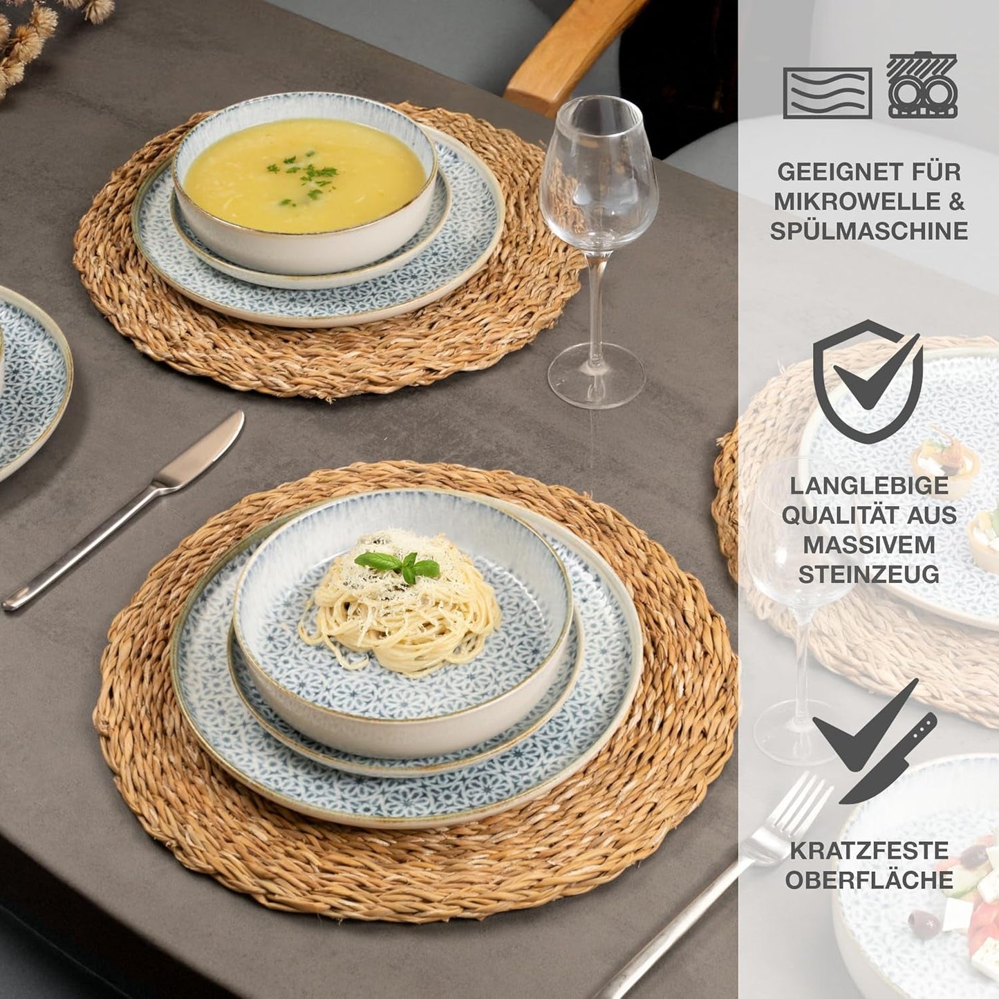 Moritz & Moritz ALHAMBRA serviesset voor 6, 18-delig, hoogwaardig porselein - modern blauw servies - onderhoudsvriendelijk set inclusief 6 dinerborden, 6 dessertborden en 6 kommen
