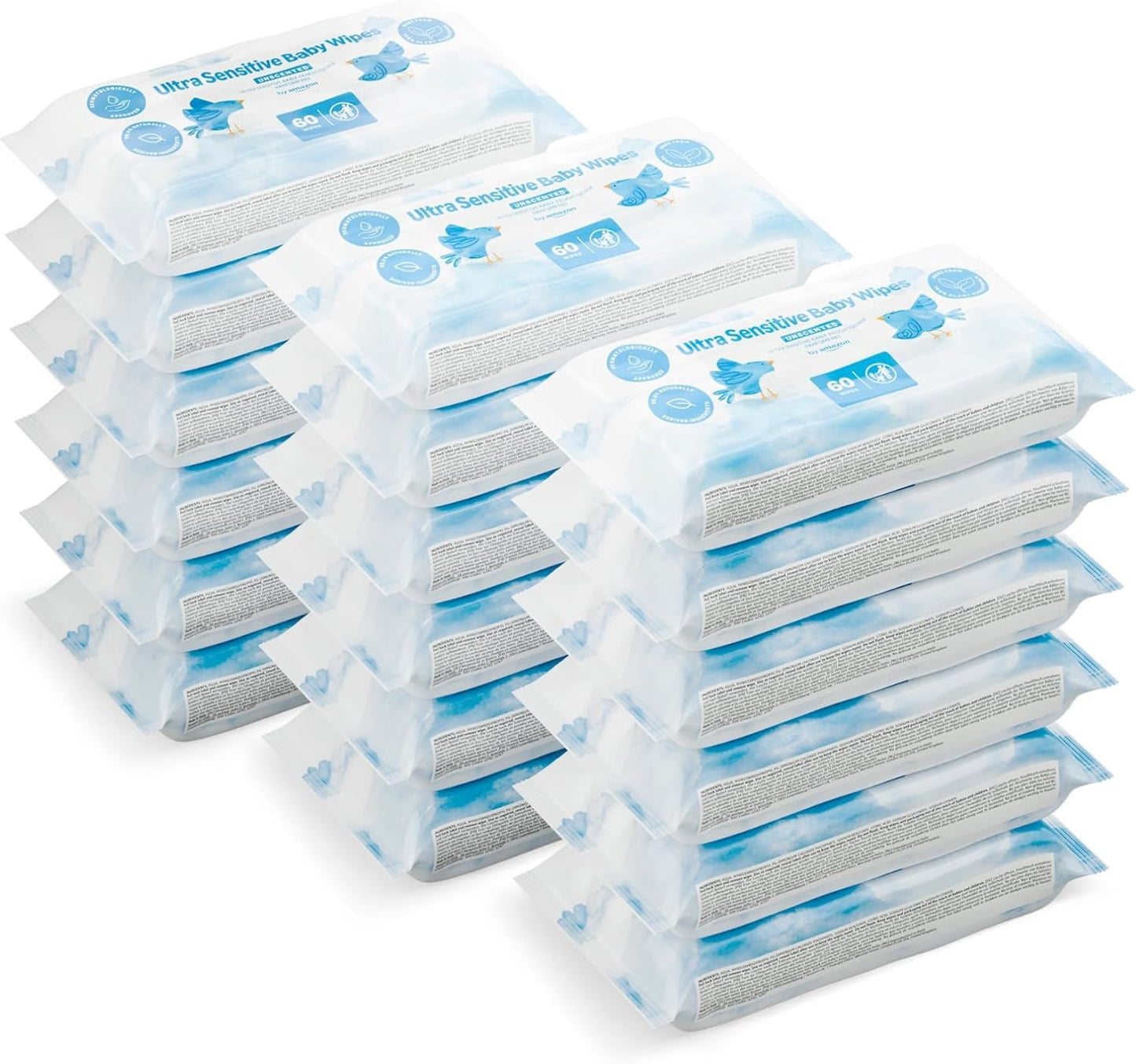Amazon Ultra Sensitive Babydoekjes, 1080 doekjes, ongeparfumeerd, 18 stuks van 60 doekjes (voorheen Amazon-merk, identiek product)