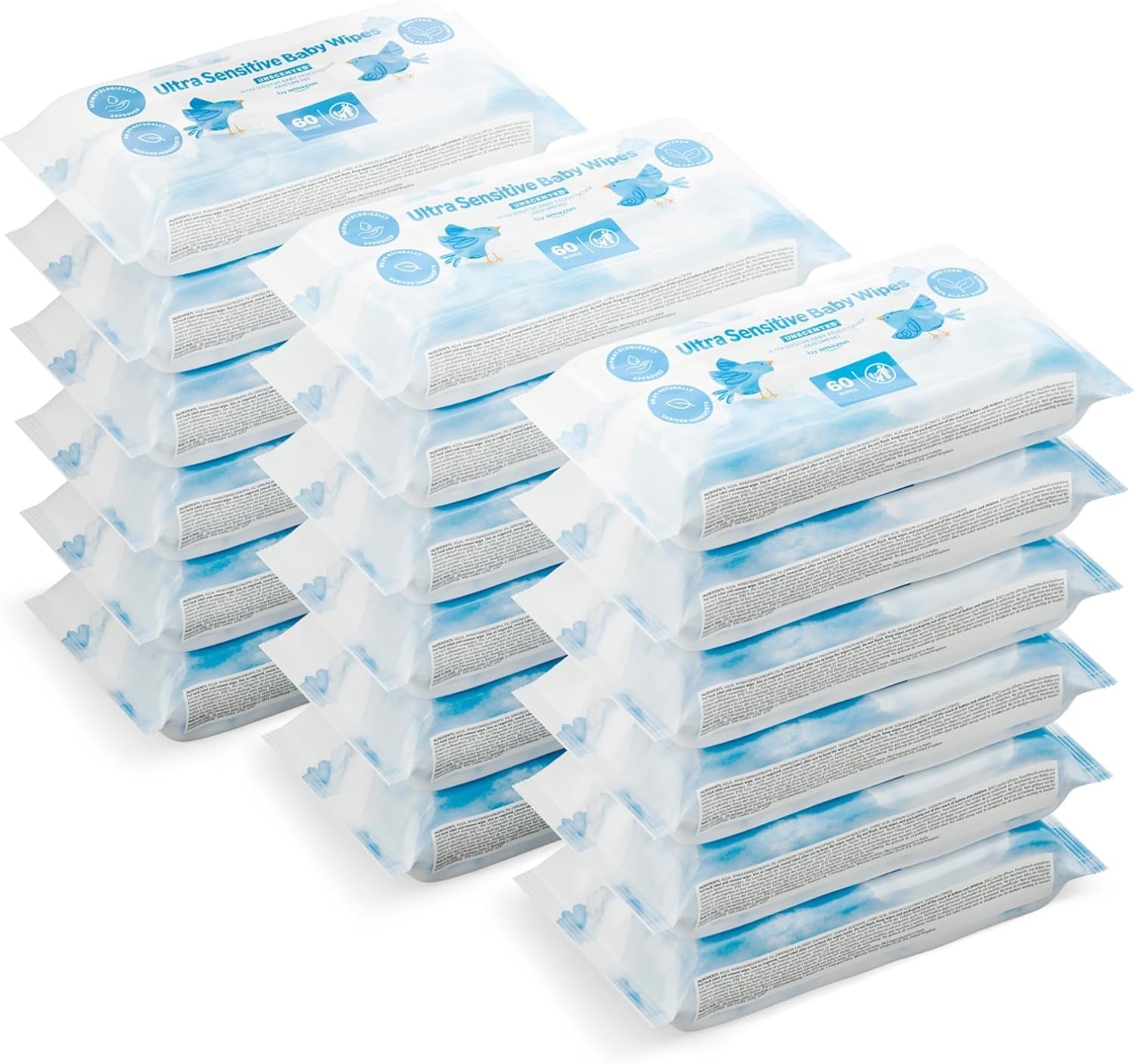 Amazon Ultra Sensitive Babydoekjes, 1080 doekjes, ongeparfumeerd, 18 stuks van 60 doekjes (voorheen Amazon-merk, identiek product)