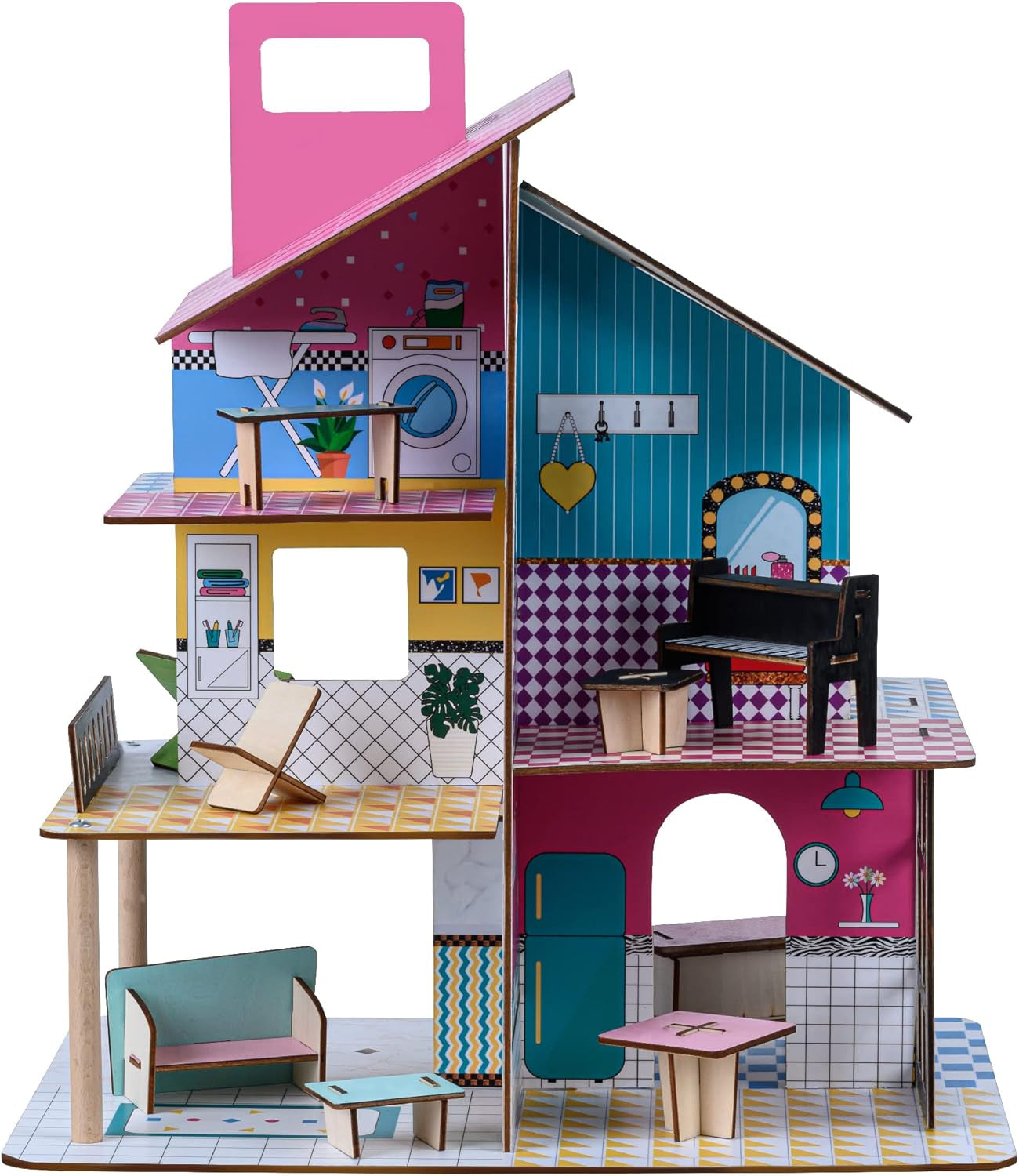 Olivia'S Little World 360 houten poppenhuis voor kinderen 3,5" poppen en 12 accessoires Veelkleurig TD-13260C Poppenhuizen Naty Shop