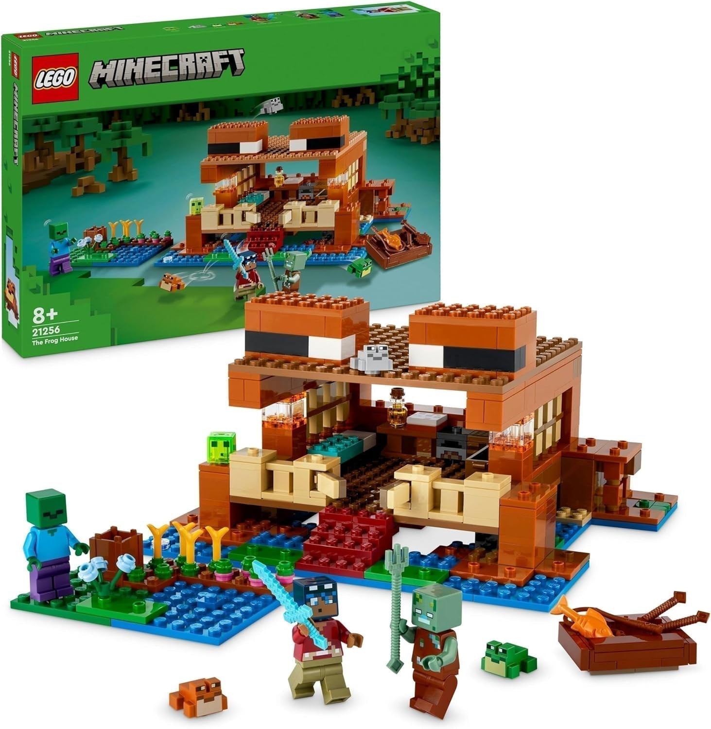 LEGO Minecraft Het Kikkerhuis, speelgoedhuis met figuren waaronder zombie, slijm en drenkeling, plus accessoires zoals speelgoedboot en werkbank, cadeau voor jongens en meisjes vanaf 8 jaar 21256 Bouwsets Besuche den LEGO-Store Single