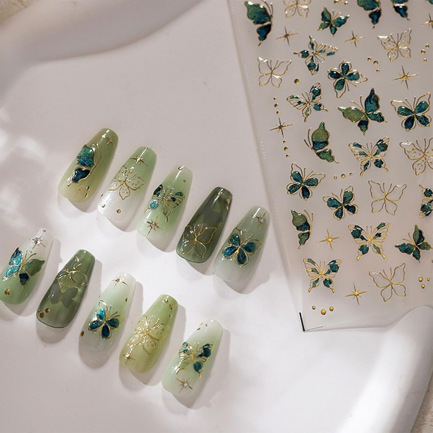 JMEOWIO 3D Nagelsticker Groen Goud Schmetterling Nail Art Sticker Selbstklebend Nagelaufkleber 5D Stereoskopische Decoratie Nageldesign Zubehör 1 Blatt