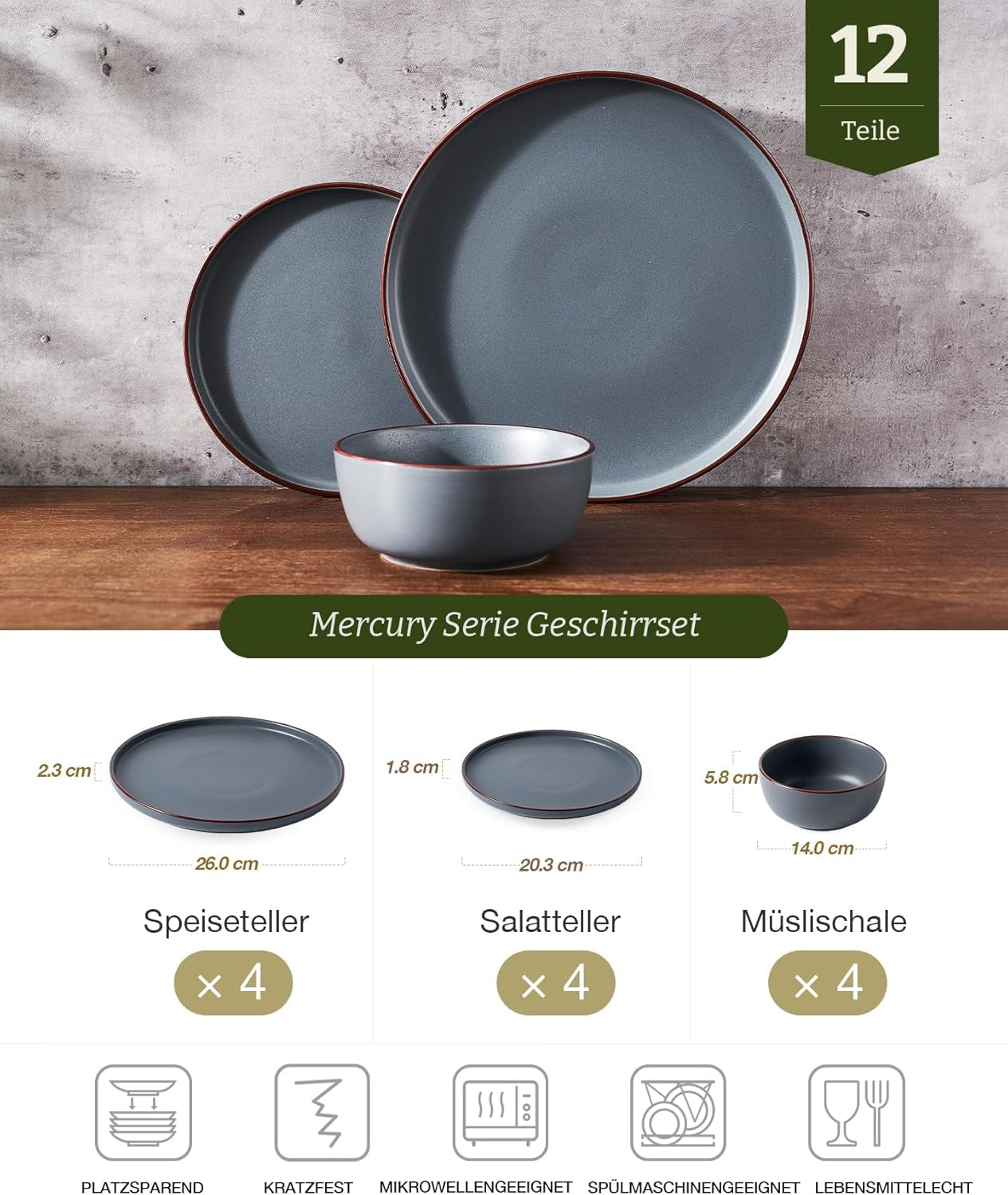 Mercury serviesset, 12-delige serviesset, 4-persoons aardewerk serviesset met dinerborden, dessertborden, ontbijtgranenschalen, magnetron- en vaatwasmachinebestendig, antracietgrijs