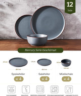 Mercury serviesset, 12-delige serviesset, 4-persoons aardewerk serviesset met dinerborden, dessertborden, ontbijtgranenschalen, magnetron- en vaatwasmachinebestendig, antracietgrijs