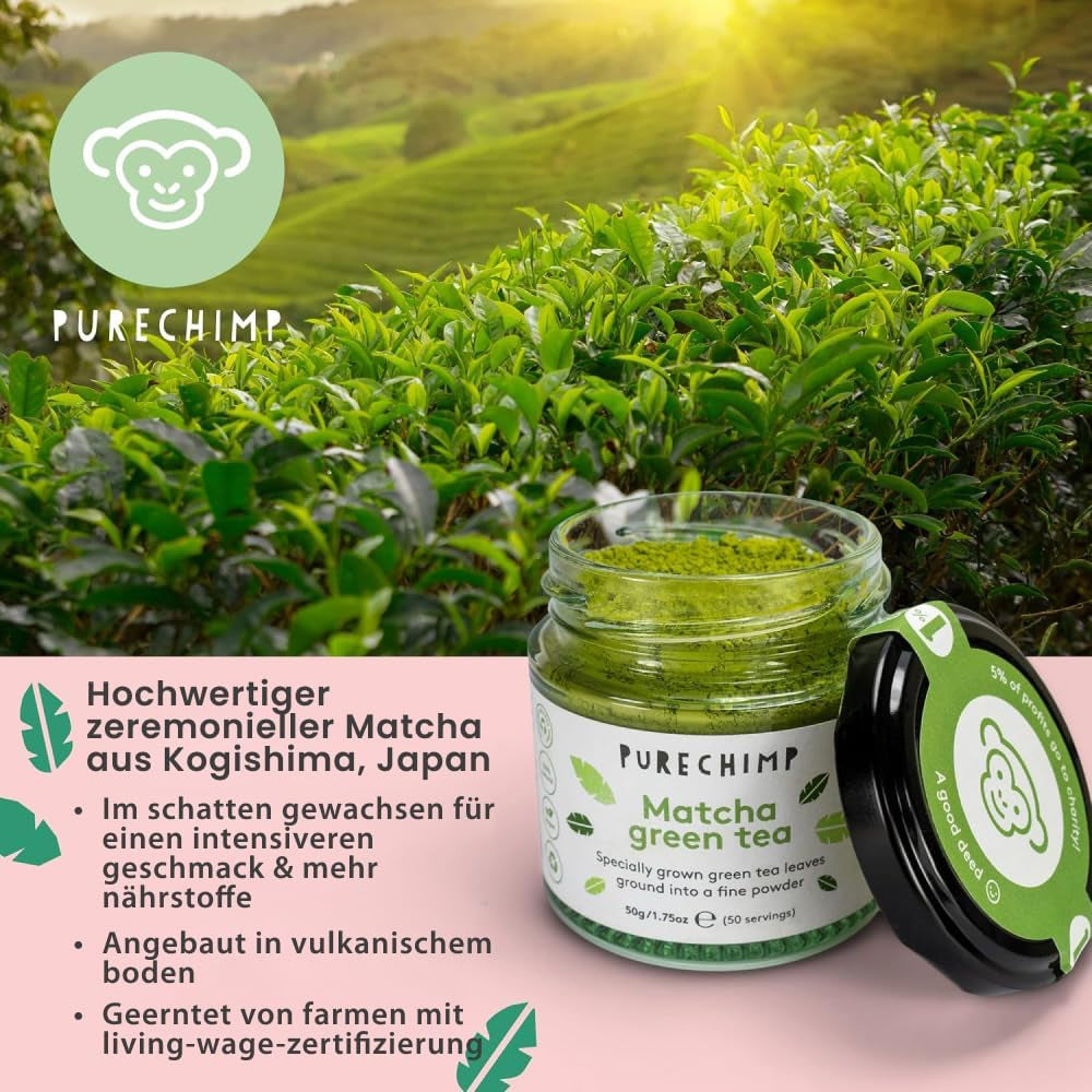 Purechimp Ceremoniële Matcha Poeder 50g. 100% puur schaduwtheepoeder voor lattes, infusies en recepten. Recyclebare pot. Rijk aan antioxidanten.