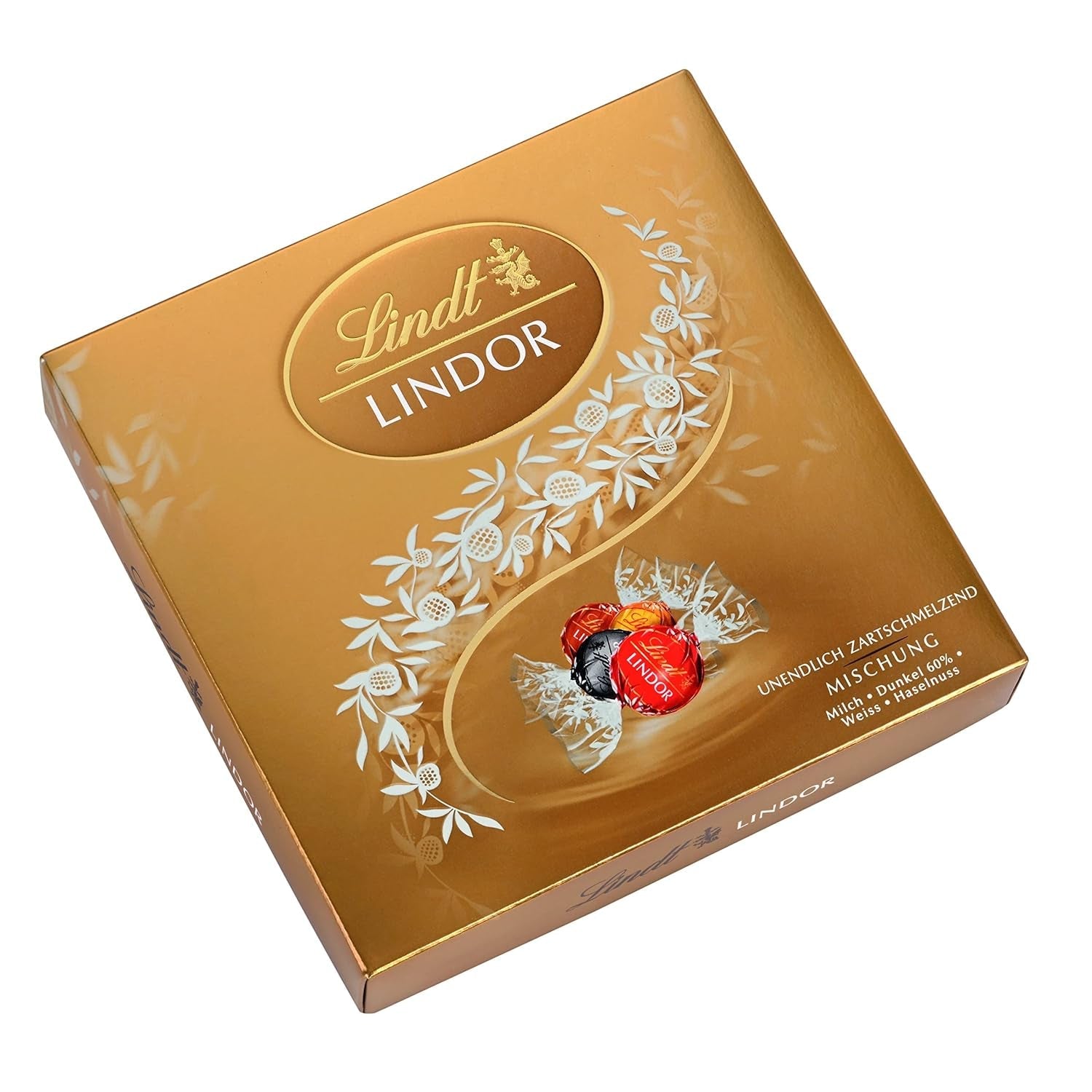 Lindt LINDOR geschenkdoos met diverse chocolaatjes, ca. 15 LINDOR-truffels, 4 varianten (melkchocolade, witte chocolade, pure chocolade 60% en hazelnoot), 187 g