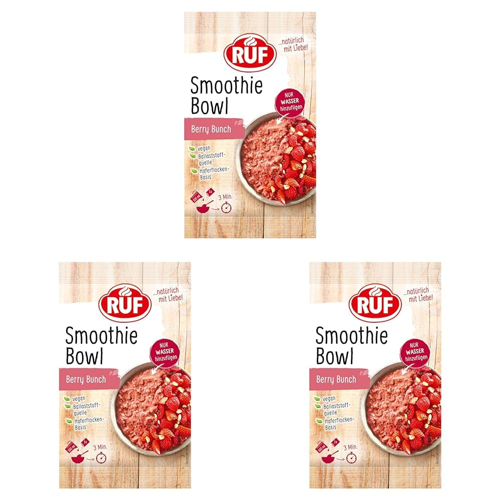 RUF Smoothie Bowl Berry Bunch Oats Ontbijtsnack met bessen en chiazaden, snel en gemakkelijk te bereiden, veganistisch, 1 zakje x 50 g (pak van 3)