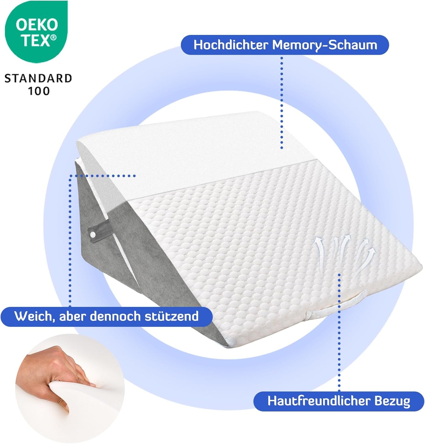 KINDEREN Verstelbaar wigkussen, leeskussen van schuim met hoge dichtheid voor bed en bank, ergonomisch bedwighoofdkussen voor slaaprefluxapneu, beenkussen/rugkussen voor spelen en lezen (wit en grijs)