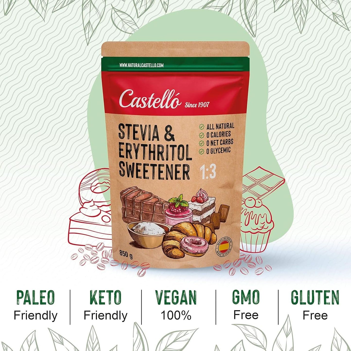 Stevia + Erythritol 1:3 Zoetstof, 1G = 3G Suiker, 850 gram Zoetstoffen Naty Shop