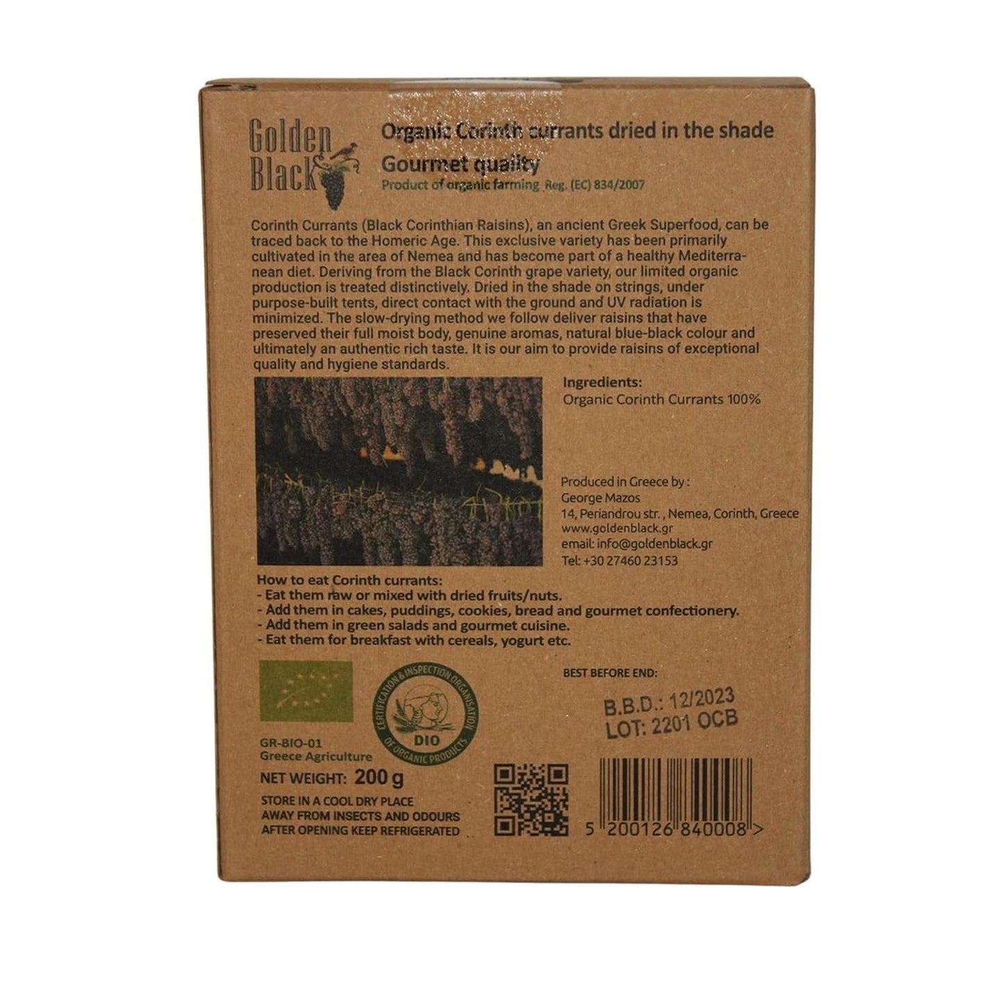 Biologische Griekse zwarte rozijnen - krenten, pakje van 3 x 200 gram Gedroogde producten Naty Shop