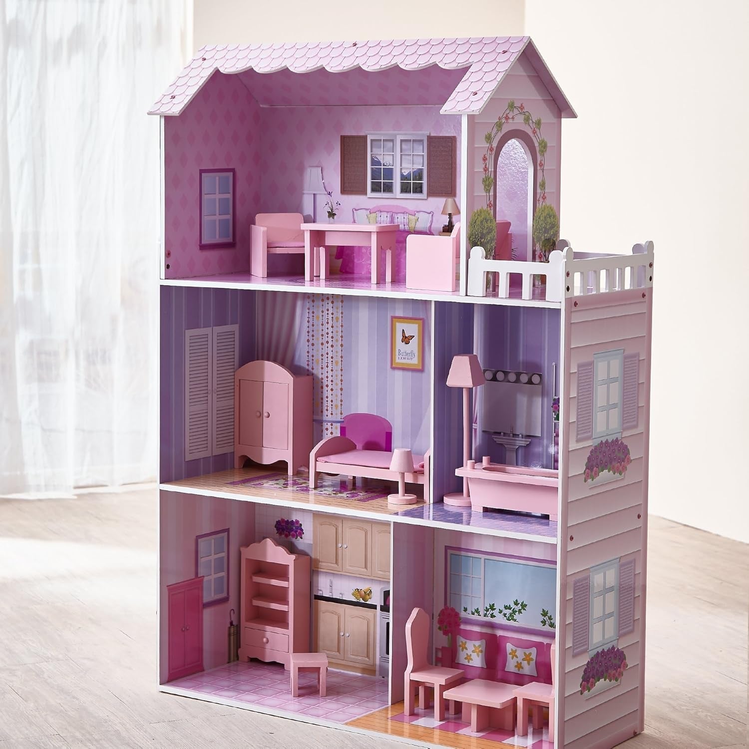 Olivia's Small World gigantisch poppenhuis, groot houten poppenhuis met meubels en accessoires, poppenhuis met 3 verdiepingen voor kinderen, poppenhuis voor poppen van 30 cm, 3 jaar + Naty Shop poppenhuizen