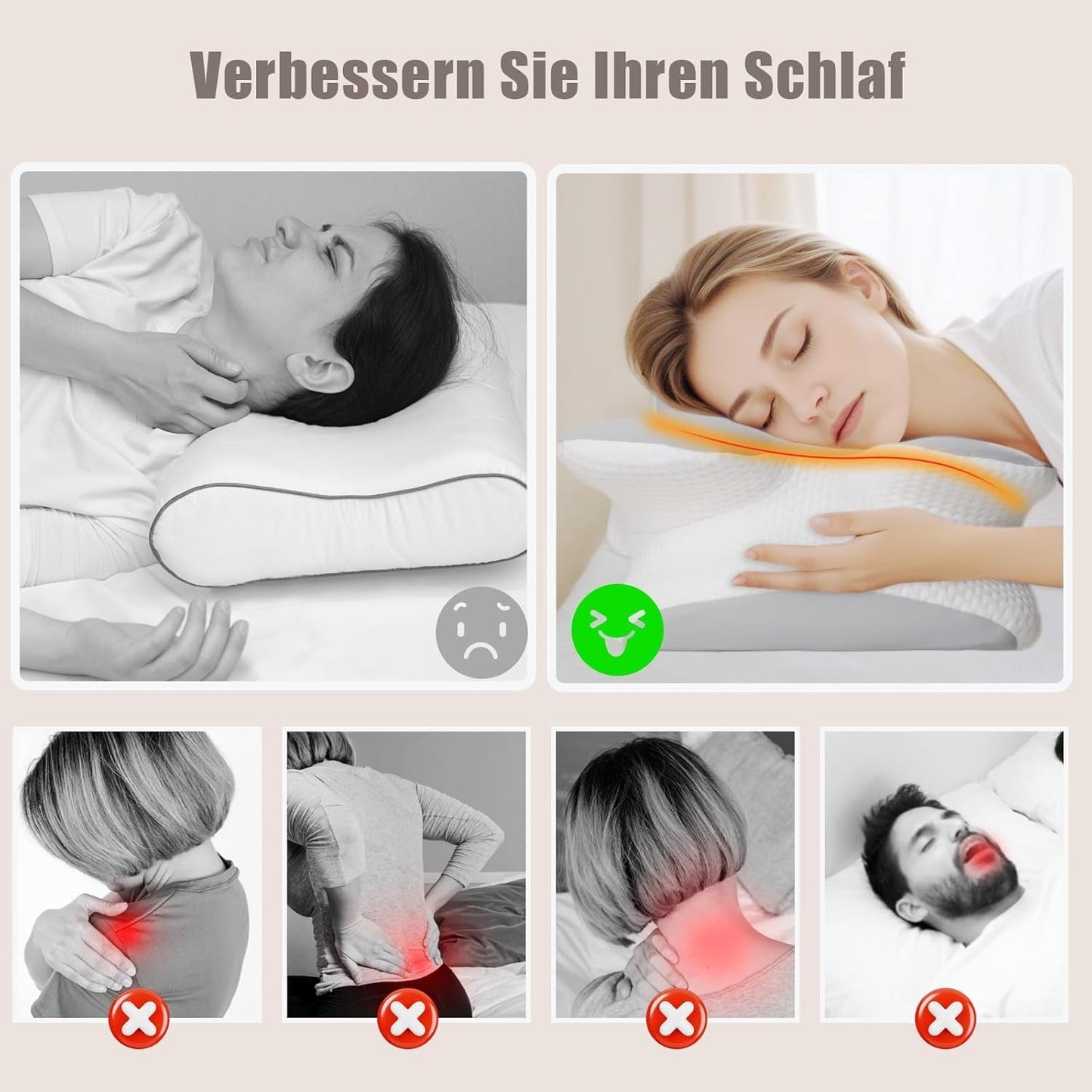 Nekkussen Orthopedisch hoofdkussen Memory Foam Kussen Zijwaartse impactkussen - Ergonomisch ontwerp Holle vorm Voor zij-, rug- en buikimpact Lichtgrijs Cervicale orthopedische kussens Naty Shop