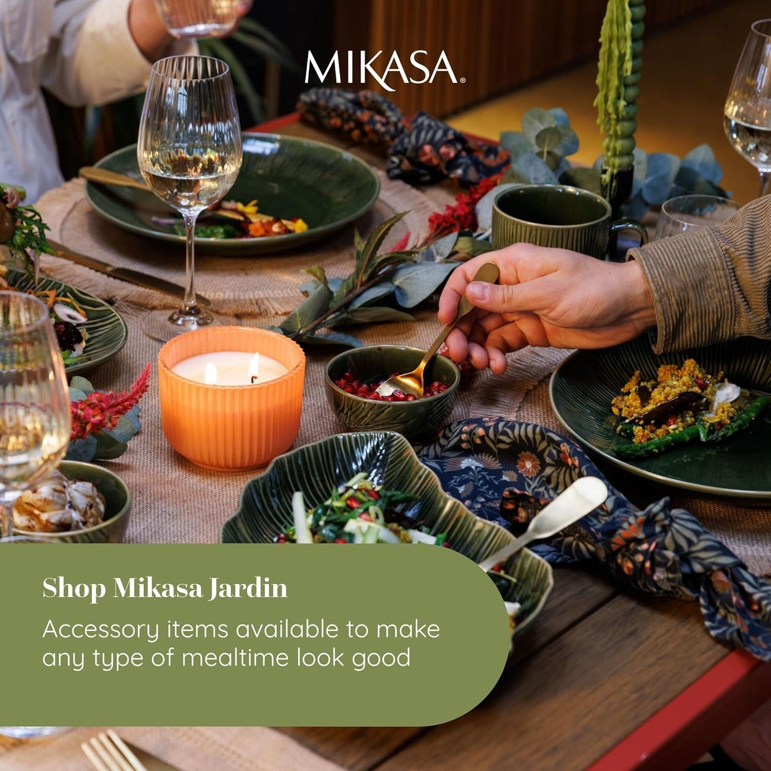 Mikasa Jardin 12-delige serviesset, 4-persoons aardewerk serviesset met borden, zijborden en schalen, groen - geschenkdoos en vaatwasmachinebestendig