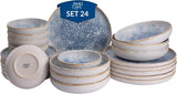 Azuurblauwe vintage steengoed serviesset voor 6 - 24 stuks - witte en blauwe strepen, reliëfoppervlak - vaatwasser-, oven- en magnetronbestendig