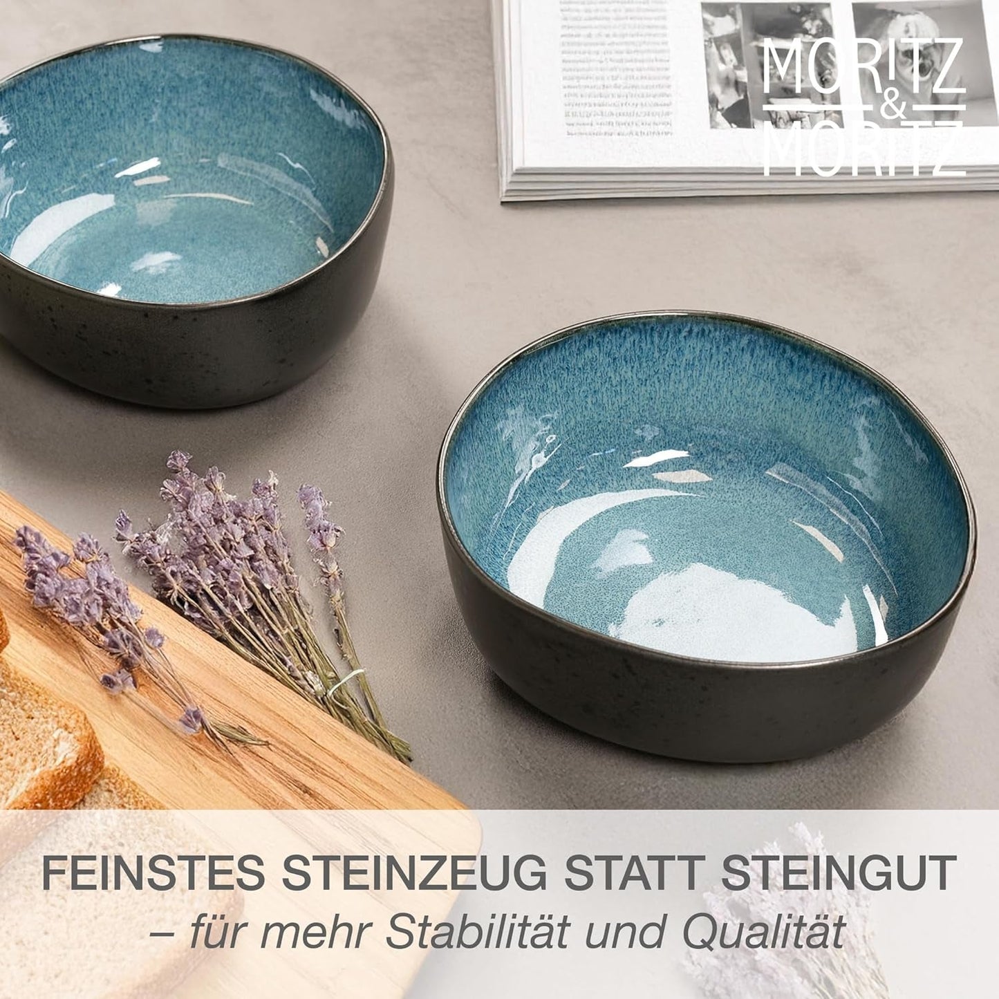Moritz & Moritz BIOLOGISCH Serveerkommenset, Blauw - 2 grote hoogwaardige steengoedkommen, modern en tijdloos, magnetron- en vaatwasmachinebestendig - perfect voor salades, pasta, snacks en meer