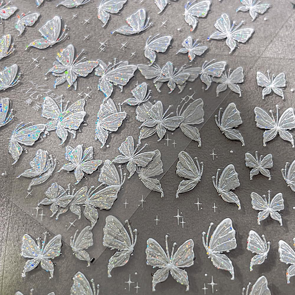 Aurora Muschel Schmetterling Nagelsticker Weiß Schmetterlinge Nagelsticker Gelee Relief Butterfly Nagelaufkleber Y2K Vlinders Nagelsticker Nägel Nageldesign Nagel Zubehör Nail Art Stickers Nailart