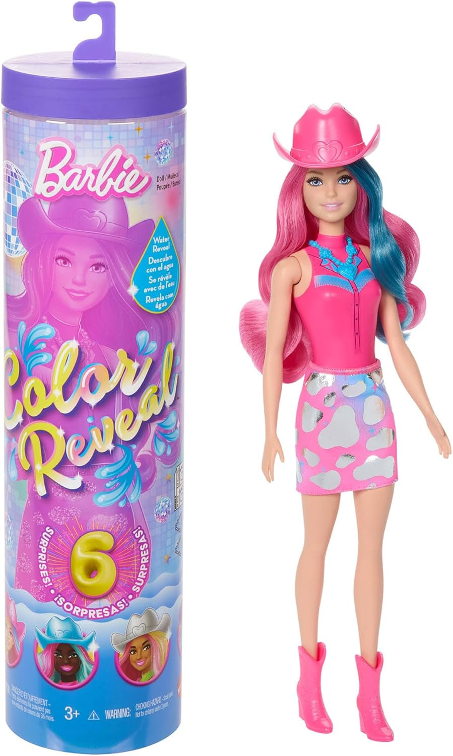 Barbie Kleuronthullingspop en accessoires met 6 verrassingen, Disco Star-serie met metallic glitter en van kleur veranderende bovenkant (stijlen kunnen variëren), JCP01, 32 cm