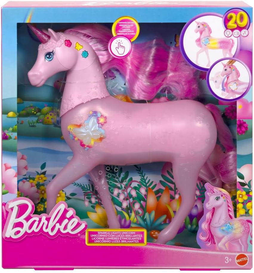 Barbie glow-in-the-dark eenhoorn met 20 interactieve combinaties van licht-, geluids- en muziekeffecten voor spel met drukknoppen en hoofdstreling, JCP78