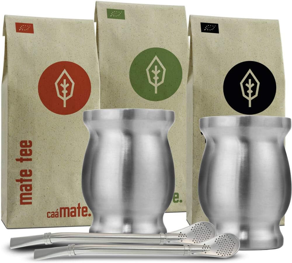Mate Bio-theeservies ● 3 Mate-assortimenten + 2 dubbelwandige roestvrijstalen Mate-bekers + 2 bombilla's + zetinstructies (zwart)