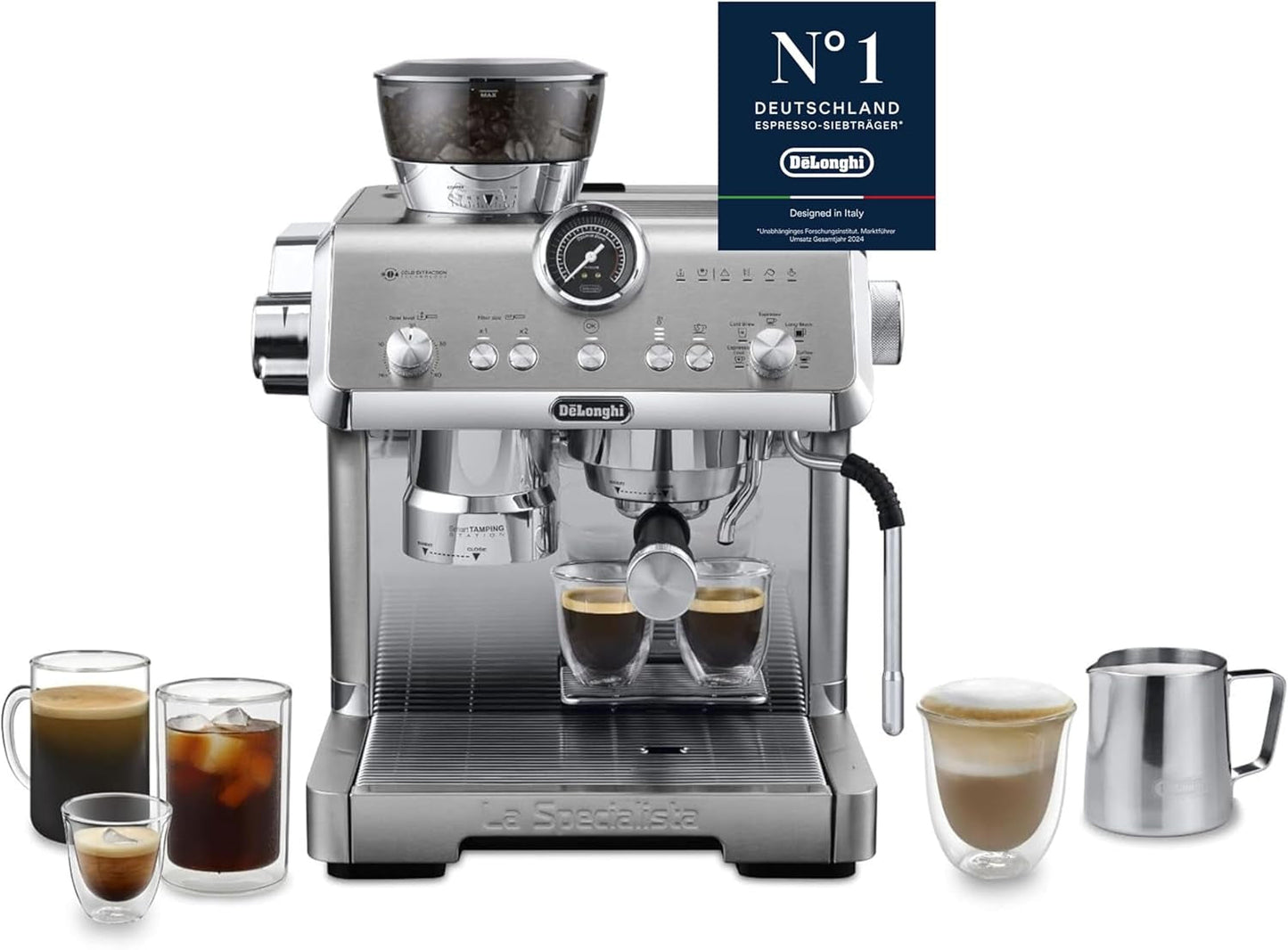 De'Longhi La Specialista Arte EC9155.MB portafilter espressomachine met molen, 8 maalstanden, 15 bar druk, 3 temperatuurstanden, melkopschuimer, 1550W, 1,7L tank, RVS/zwart, inclusief barista kit