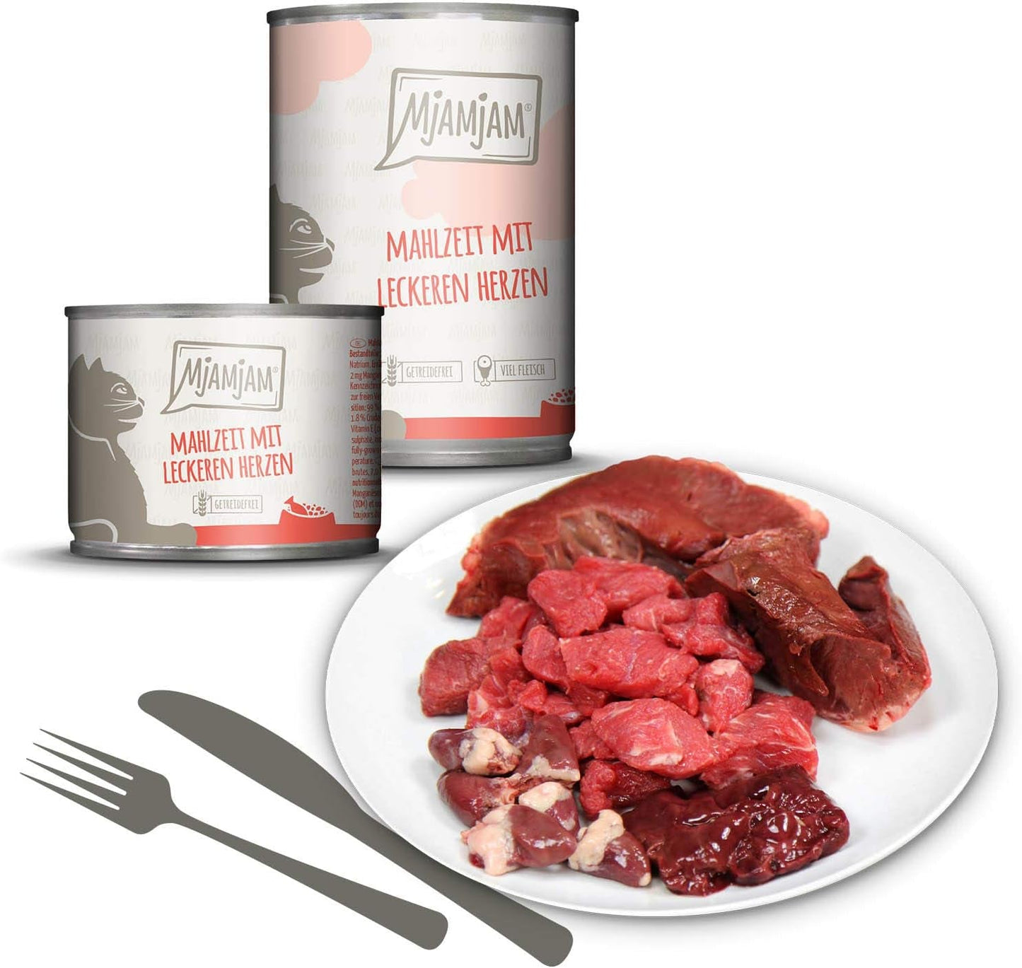 MjAMjAM - Premium Natvoer voor katten - Gemengd pakket I - Kip, Rundvlees, Harten, 6 stuks (6 x 200 g), graanvrij met extra vlees