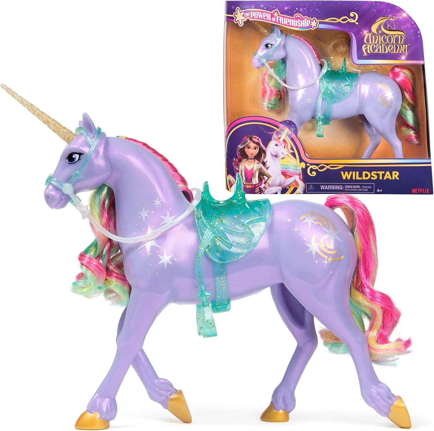 Wildstar Unicorn van Unicorn Academy - 28 cm grote originele Sophia eenhoorn uit de Netflix-serie met echte manen en staart, afneembaar hoofdstel, zadel en borstel, voor kinderen vanaf 4 jaar