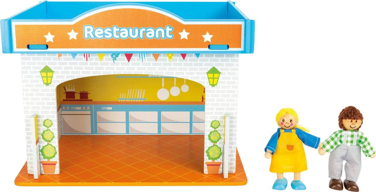 Small Foot 10852 Speelhuis Restaurant Van hout, Met 2 poppenfiguren, accessoires en afneembaar dak, Vanaf 3 jaar Naty Shop Dollhouses