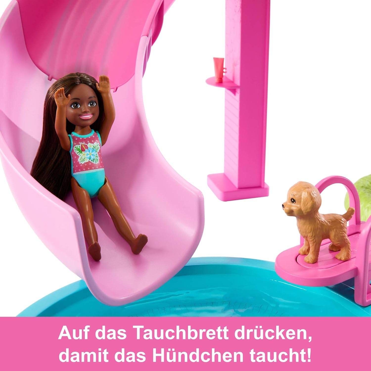 Barbie Dream Zwembadspeelset met zes speelplekken, waaronder een glijbaan en jacuzzi, plus meer dan 20 accessoires zoals een huisdier, zwemringen en meer, JKG83