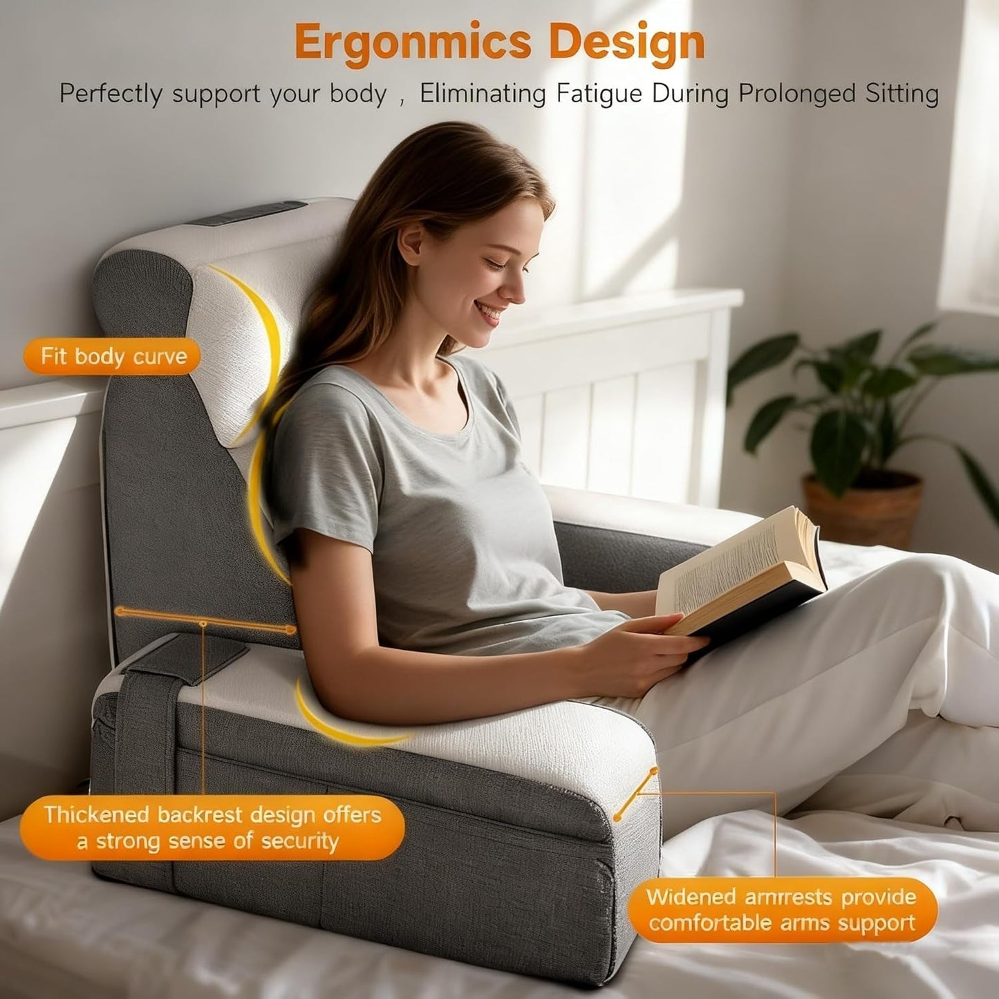 Groot leeskussen met afneembare neksteun en armleuningen, rugkussen voor bed, ergonomisch rugkussen met arm, zak en wasbare hoes voor lezen en tv kijken.