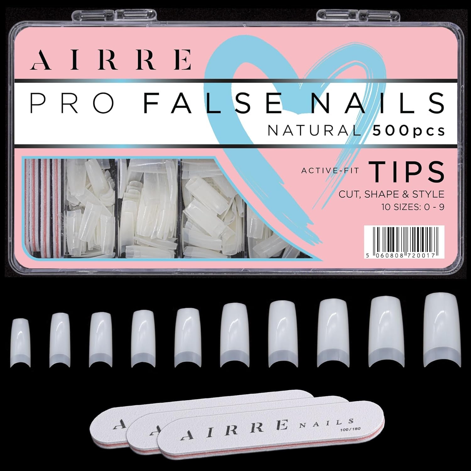 AIRRE 500 professionele gelnagels en 3 vijlen per doos - (10 maten) Franse halve maan kunstnagels, salon- en thuisgebruik, knippen, vijlen en vormgeven, UV/LED-gel, nagellak en nagelkunst (natuurlijk)