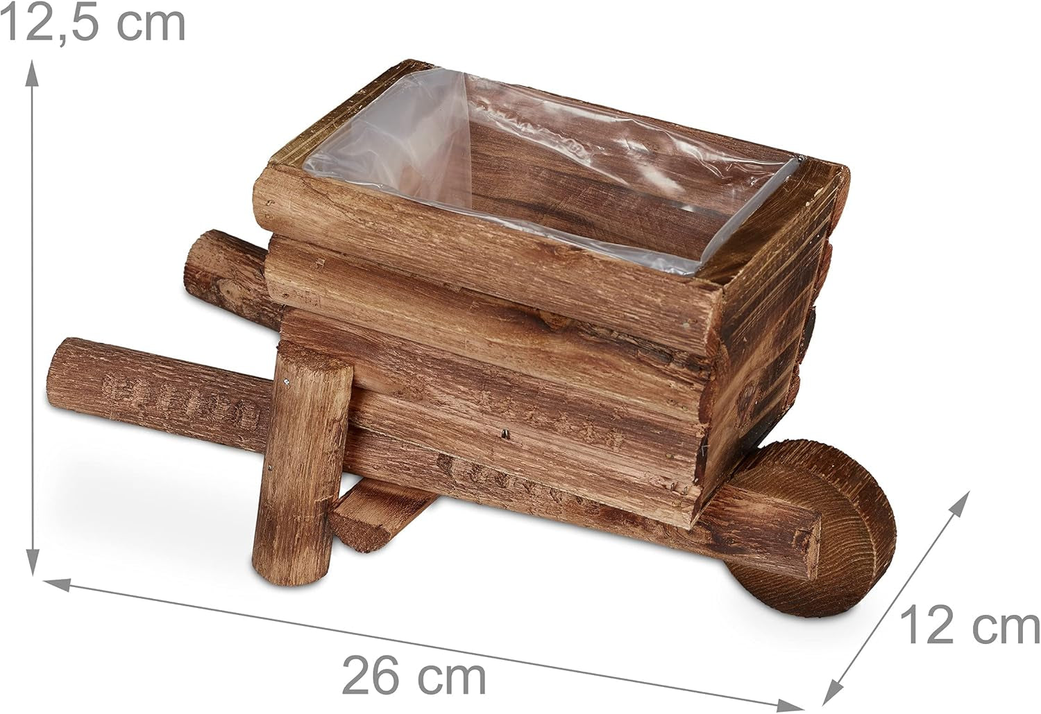 Relaxdays plantenbak kruiwagen, set van 2, tuindecoratie, H x B x D: 12,5 x 26 x 12 cm, bloemenwagen voor planten, hout, natuurlijk