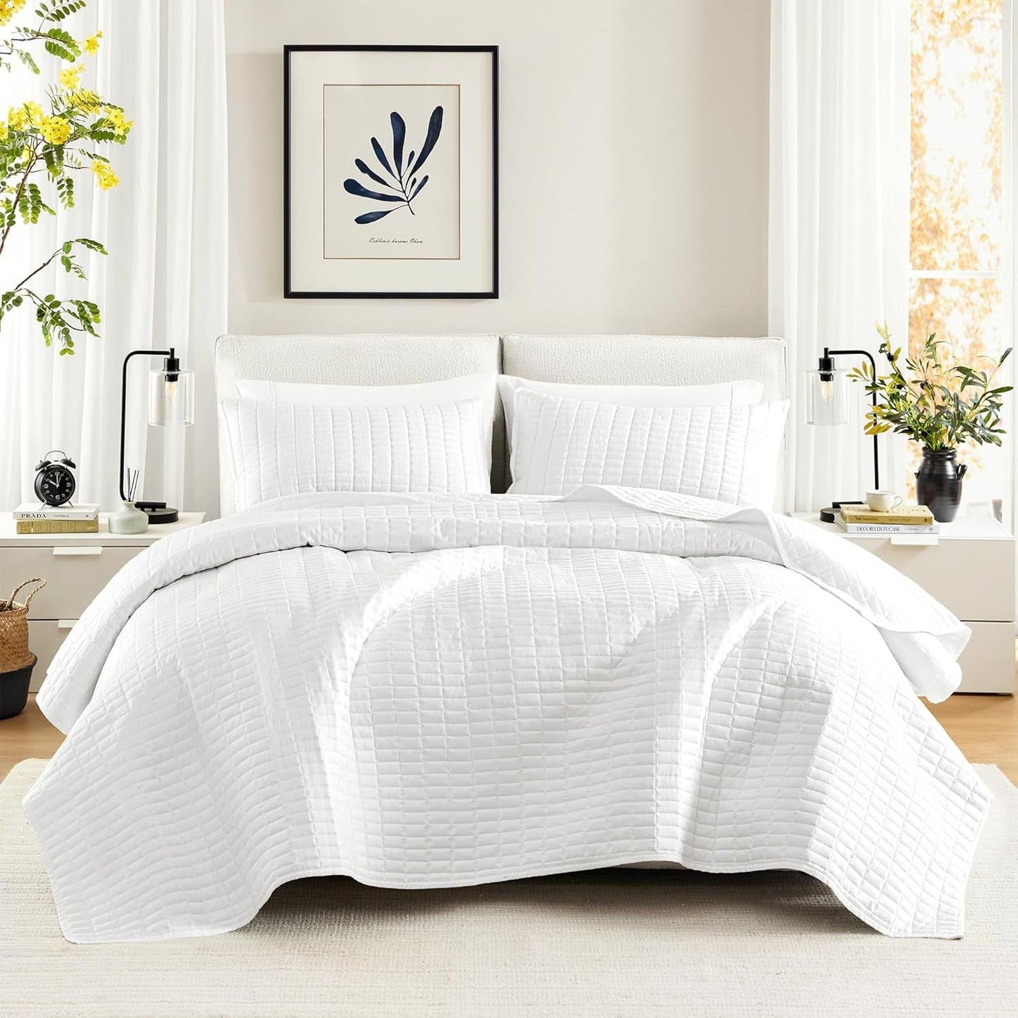 Comfort Spaces Kienna dekbedset, luxe dubbele stiksels, zomerdeken, lichtgewicht, zacht, beddengoed voor het hele jaar, bijpassende kussensloop, wit, deken voor kingsize bedden (264,2 x 228,6 cm), Naty Shop Quilts & Quilts Garden Wit/Opulent Quilt King/Cal King (104"X90")