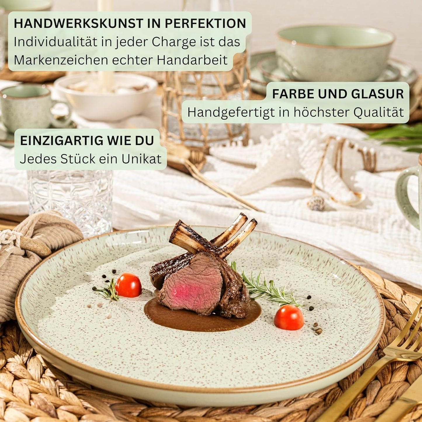 SÄNGER Rio Munt | Serviesset van steengoed voor 6, 6 borden, 6 dessertborden, 6 kommen, mintgroen | DE WAARDE-COLLECTIE