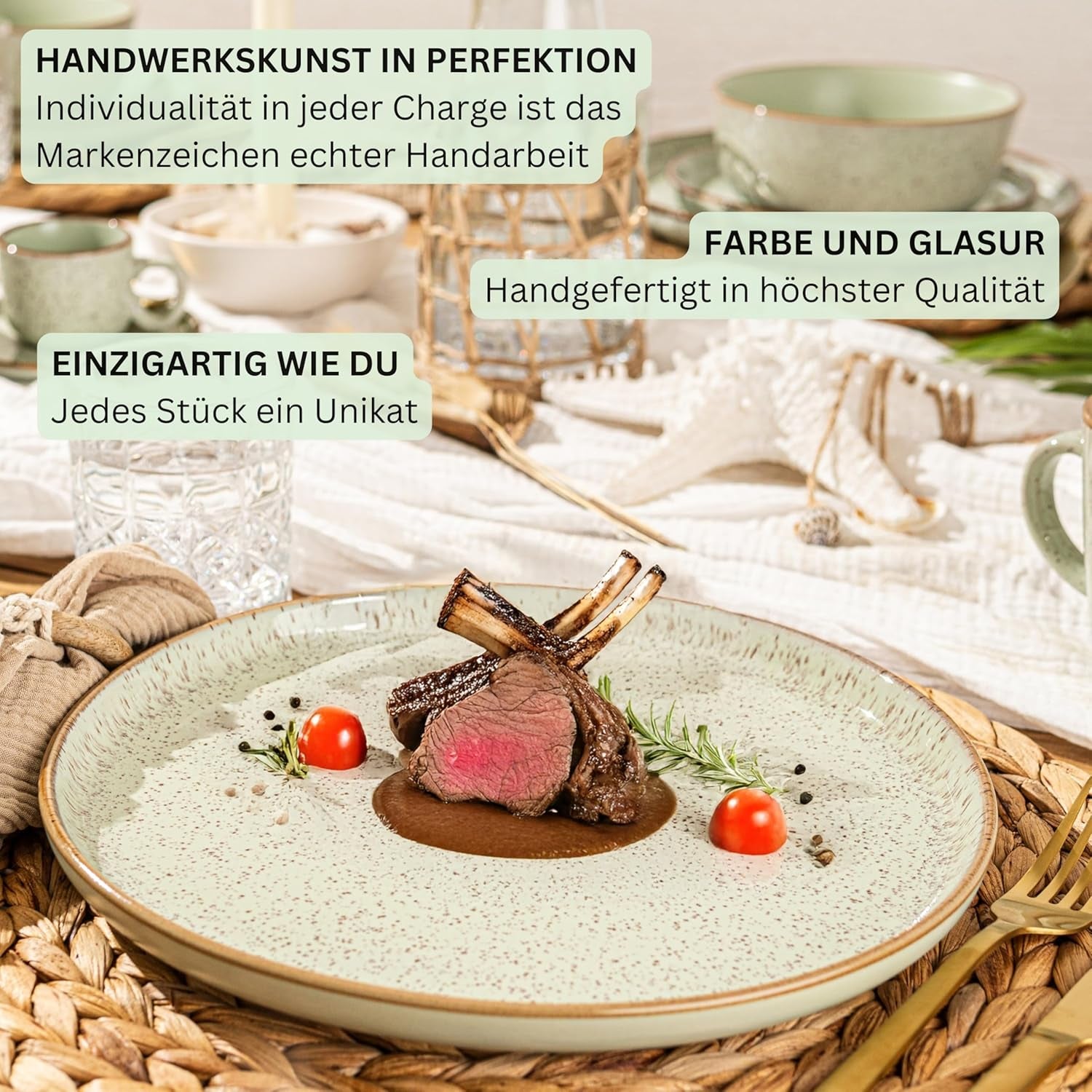 SÄNGER Rio Munt | Serviesset van steengoed voor 6, 6 borden, 6 dessertborden, 6 kommen, mintgroen | DE WAARDE-COLLECTIE