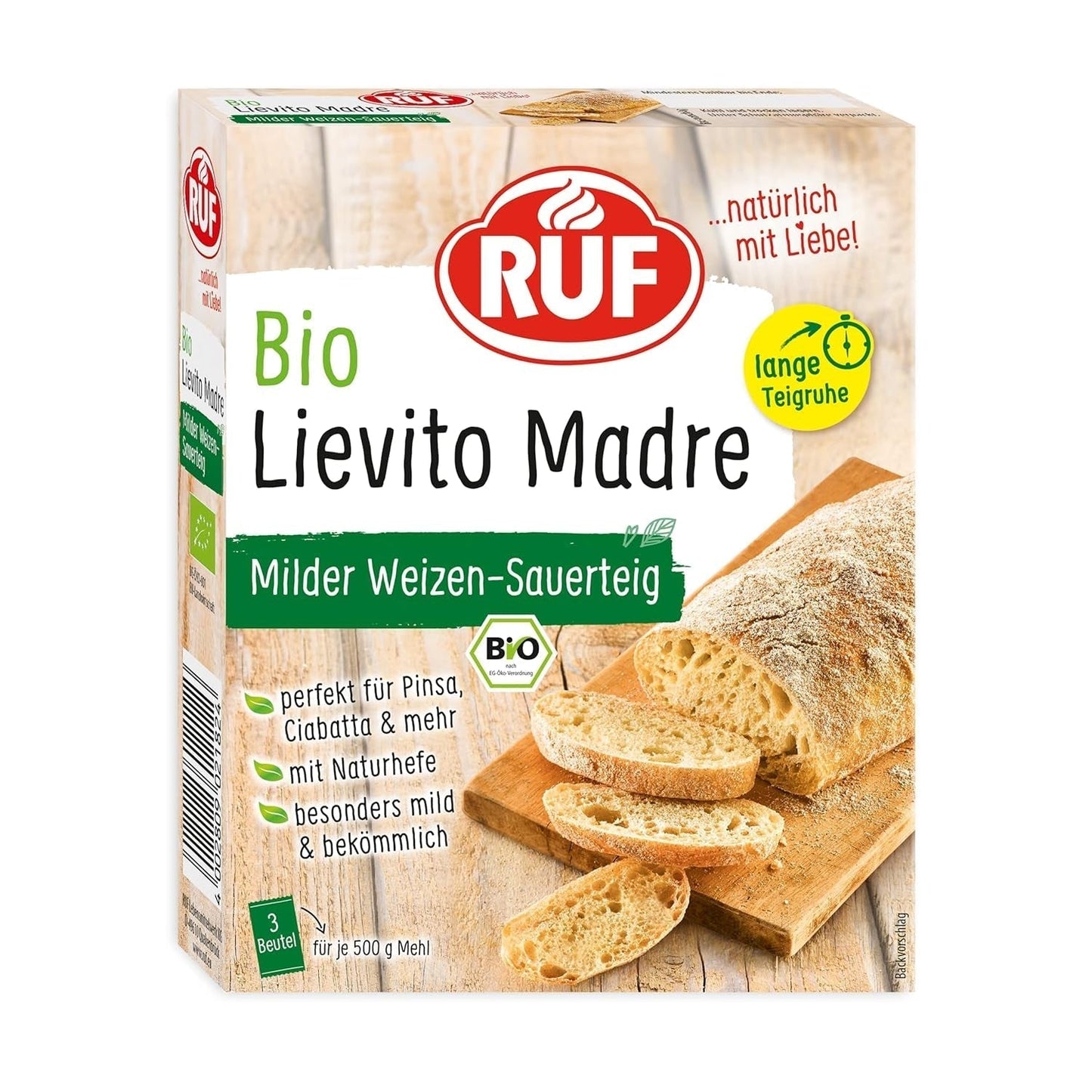 RUF Lievito Madre Sauerteig, Milder Weizen-Sauerteig, Mutterteig, Kurze Teigruhe Durch Enthaltene Trockenhefe, Lievito Madre Getrocknet Für Brot, Baguette, Focaccia, 3X35G Mengsel voor bakken en koken Naty Shop 105 G (1Er Pack) Lange Teigruhe