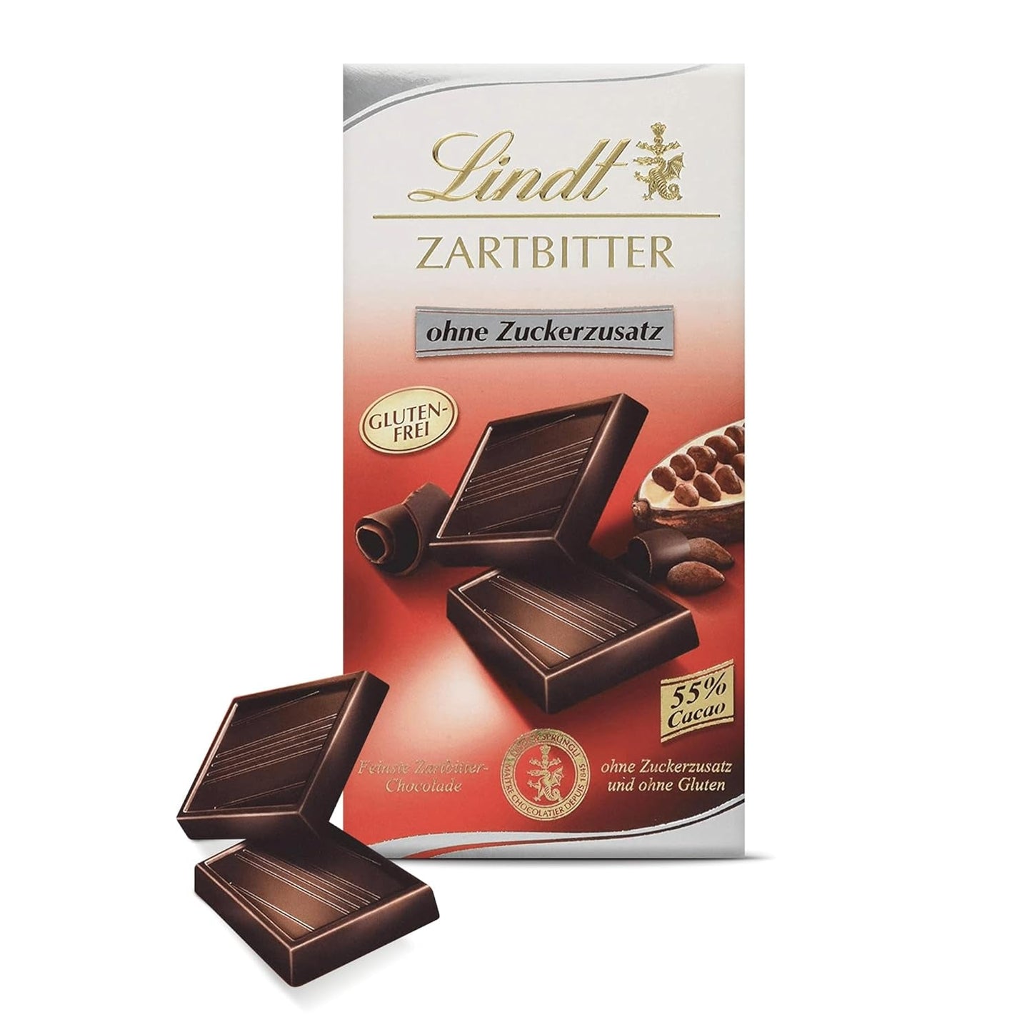Lindt-chocolade | Reep pure chocolade zonder toegevoegde suiker | 100g | De fijnste pure chocolade met 55% cacao, zonder toegevoegde suikers en zonder gluten | Glutenvrije chocoladereep