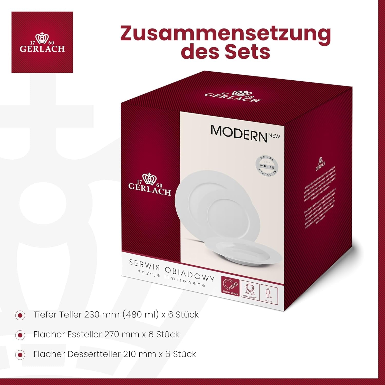 Gerlach 1760 servies - 18-delig - Servies voor 6 personen - Bordenset - Modern porselein, wit