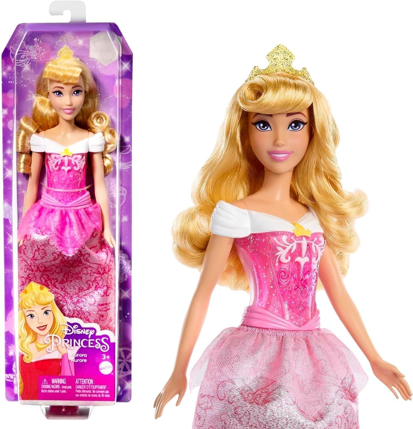 Mattel DISNEY Prinses Aurora - Pop met typische outfit, afneembare schoenen en tiara, sprankelend topje en afneembare rok met patroon, lang stylebaar haar, HLW09 Naty Shop Dolls Veelkleurig