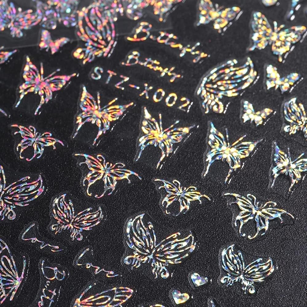 6 Blatt Schmetterling Nagelsticker Selbstklebend Laser Zilver Schmetterlings Nagelaufkleber 3D Aurora Silber Schwarz Schmetterlinge Nagelstickers Frühling Nageldesign Nagelsticker Nail Art Zubehör