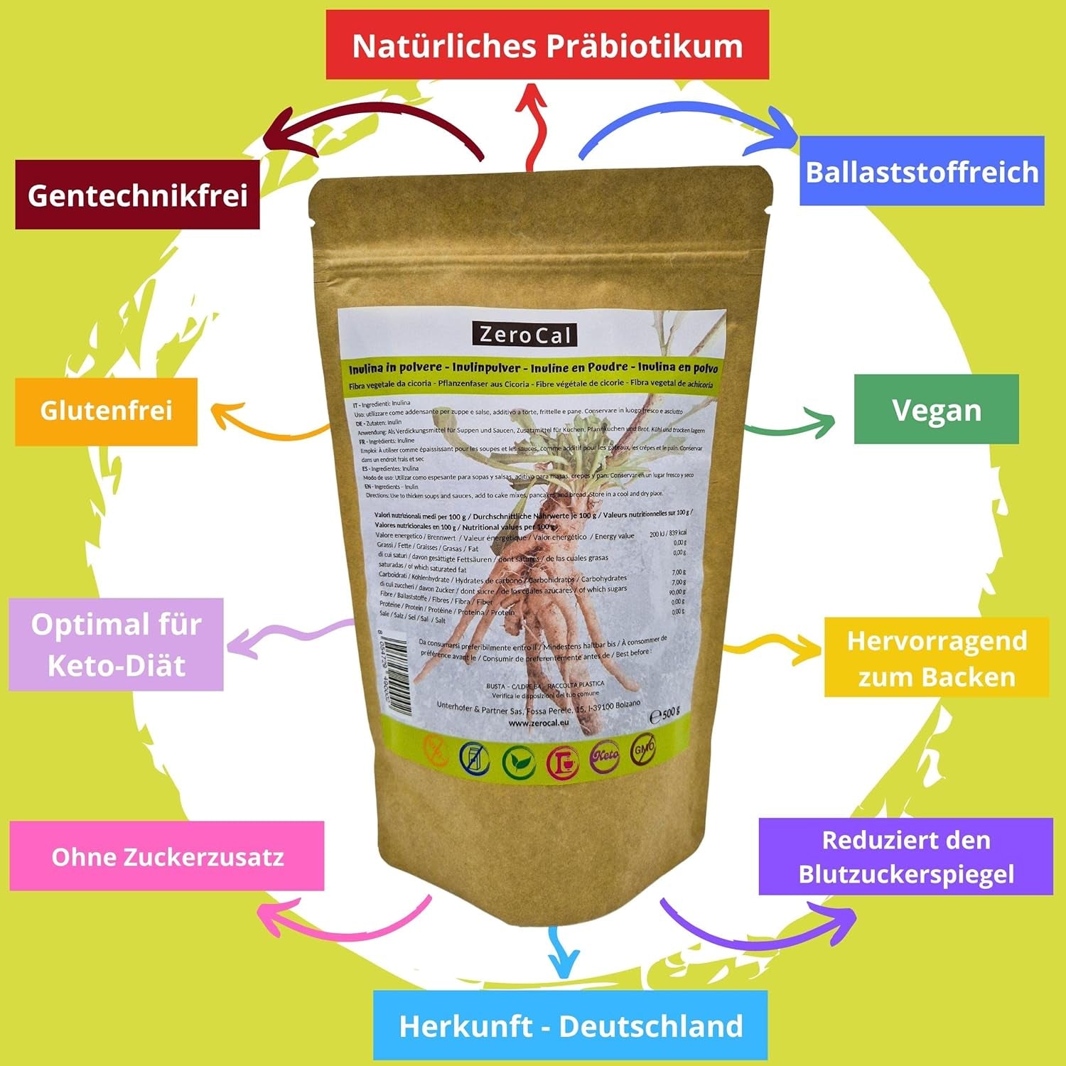 Zerocal - Inulinepoeder van cichorei-Wurzel 500 G | Inuline Mit Hohem Ballaststoffgehalt | 100% Veganistisch en Glutenvrij | Herkunft Deutschland Zoetstoffen Naty Shop