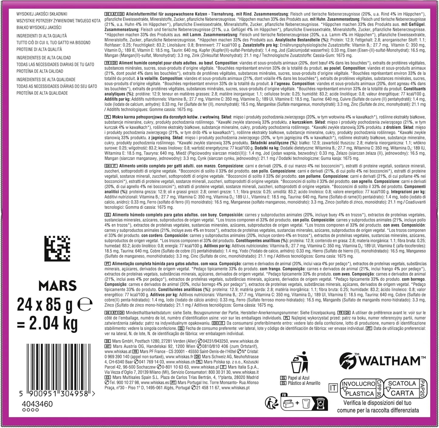 WHISKAS PURE DELIGHT Natvoer in gelei 24 x 85 g Klassieke Ragout (4 pakjes) 48 geportioneerde zakjes
