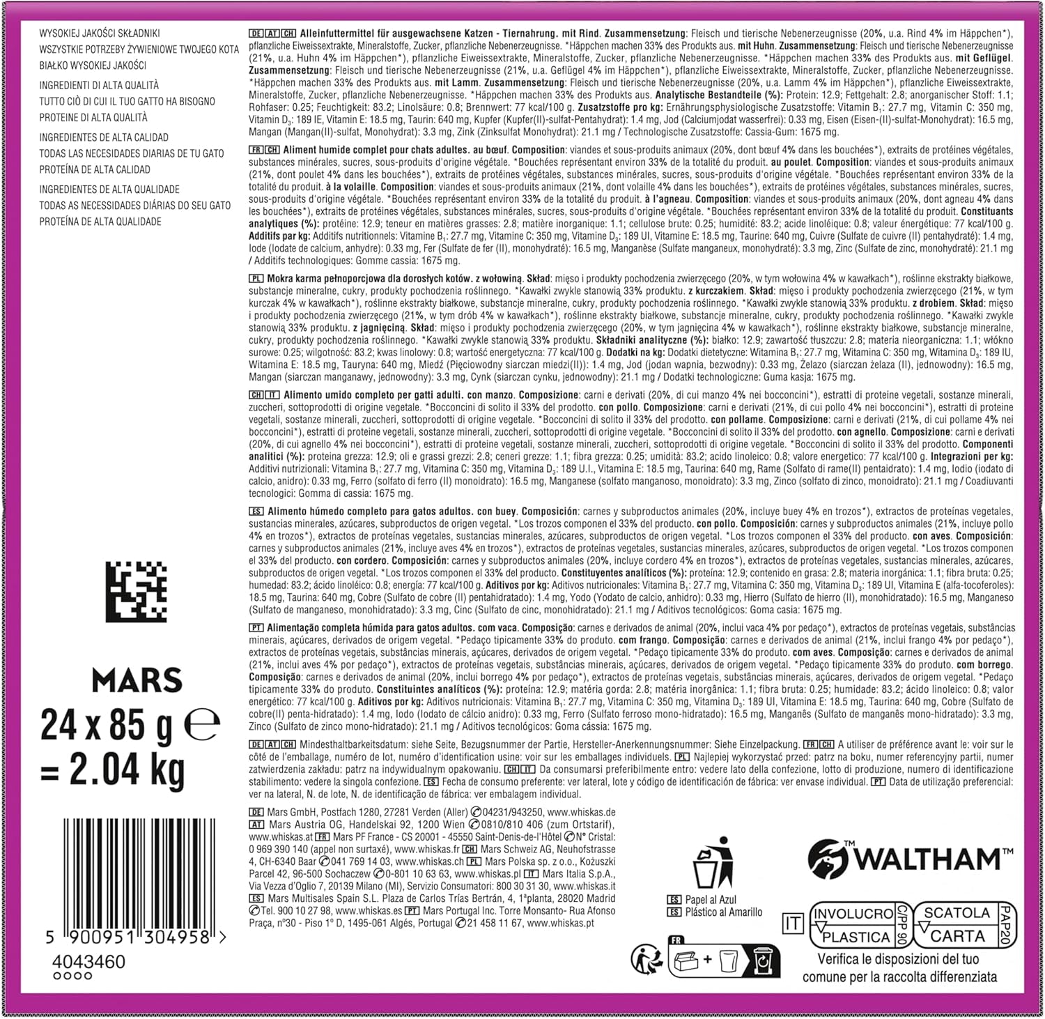WHISKAS PURE DELIGHT Natvoer in gelei 24 x 85 g Klassieke Ragout (4 pakjes) 48 geportioneerde zakjes