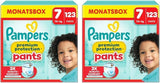 Pampers Premium Protection Broekje Maat 7, 123 Luiers, 15kg+, met 360° aanpassing en zachte anti-lek manchetten voor optimaal comfort en bescherming