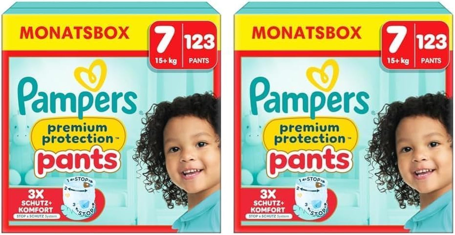 Pampers Premium Protection Broekje Maat 7, 123 Luiers, 15kg+, met 360° aanpassing en zachte anti-lek manchetten voor optimaal comfort en bescherming