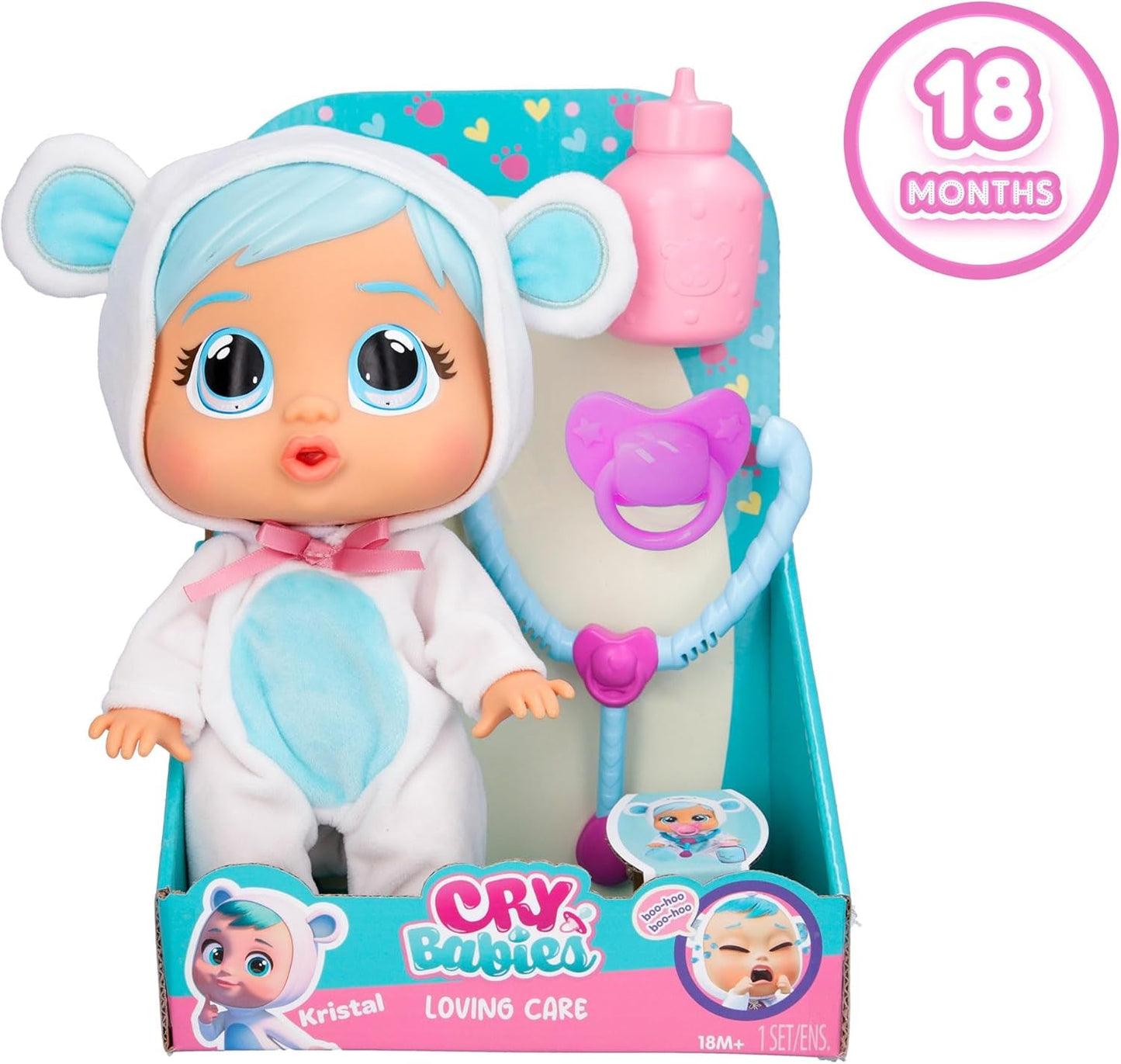 Cry Babies Loving Care Kristal-pop, Kristal Loving Care-babypop met 3 accessoires voor doktersspel, verpleging, huilen met echte tranen, speelgoed voor baby's van 18 maanden