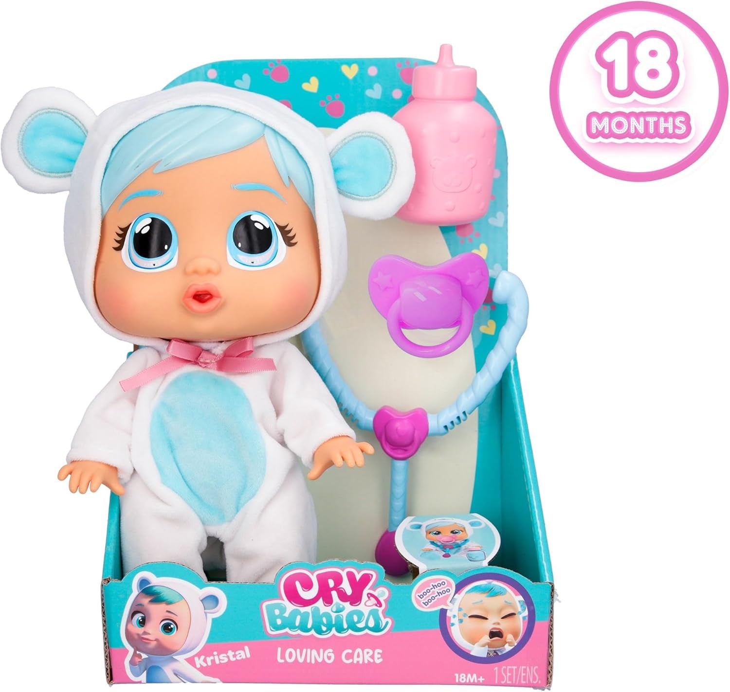 Cry Babies Loving Care Kristal-pop, Kristal Loving Care-babypop met 3 accessoires voor doktersspel, verpleging, huilen met echte tranen, speelgoed voor baby's van 18 maanden
