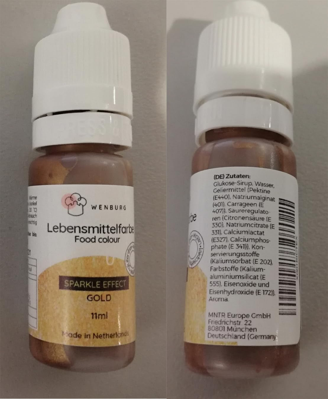 Wenburg voedingskleurstof, glitter, 11 ml, geconcentreerd, gemaakt in EU, vloeibaar. Voor het kleuren van deeg, drankjes, smaken, slijm - Goudglitter Voedselkleuring - Goudtaartkleuring - Goudglitter