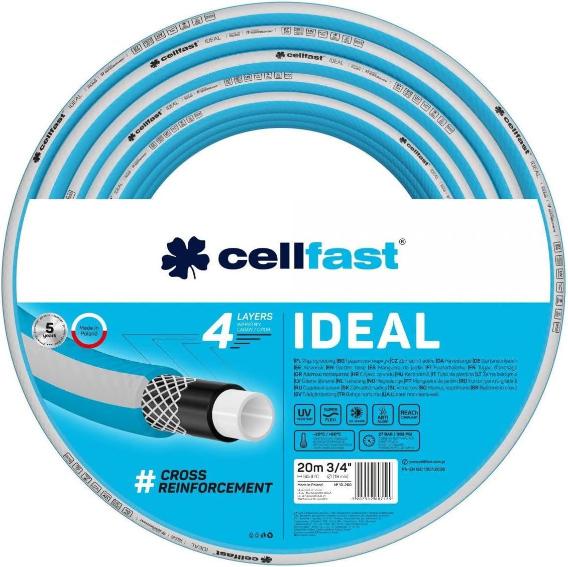 Tuinslang Cellfast IDEAL, Duurzaam, Flexibel, 4 lagen, Duurzaam kruisvlechtwerk, UV- en algenbestendig, REACH technologie, 27 bar, -20/+60° korte termijn 3/4", 20m