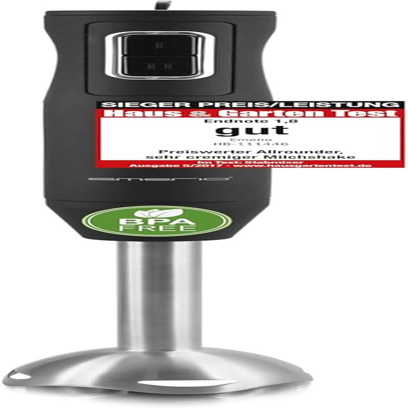 Emerio HB-111446 Keukenmixer, TESTSIEGER Preis/Leistung, Gummierter Rutschfester Griff, Edelstahl, Bpa-Frei, Schwarz, 250W Keuken Naty Shop 250W