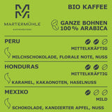 Martermühle biologische koffiebonen proefset 3x250g licht/middelsterkte I Arabica I Hele biologische koffiebonen licht gebrand, lage zuurgraad (68/74/426)